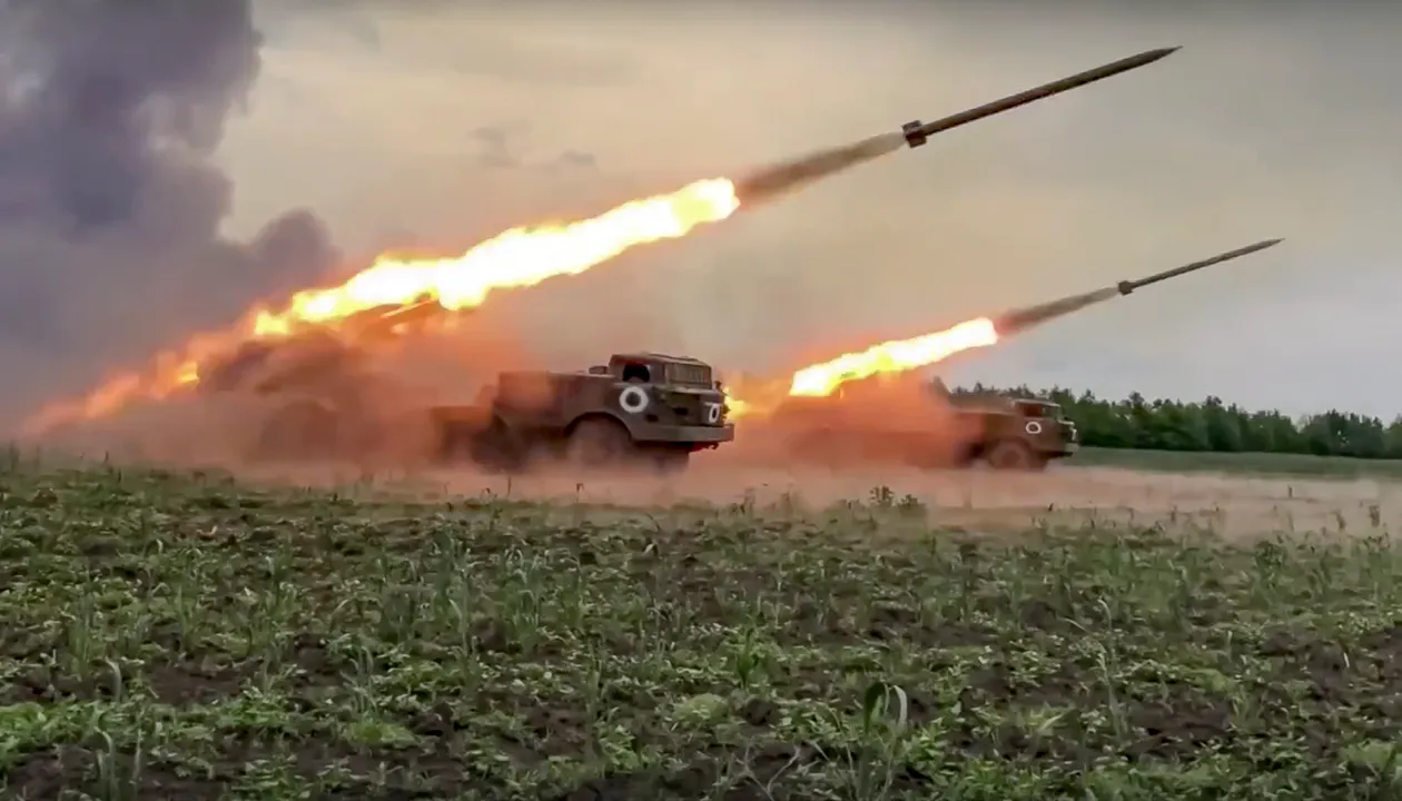 In this handout photo released by Russian Defense Ministry Press Service released on Wednesday, June 1, 2022, The Russian military's Uragan multiple rocket launchers fire rockets at Ukrainian troops at an undisclosed location. (Russian Defense Ministry Press Service via AP) 