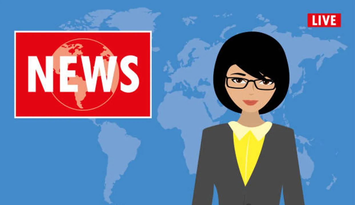  Asian female news anchor on tv breaking news background,flat vector illustration 