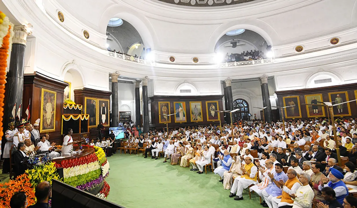  PM attends the swearing-in ceremony of the President, Smt. Droupadi Murmu, at Central Hall of Parliament, in New Delhi on July 25, 2022. 