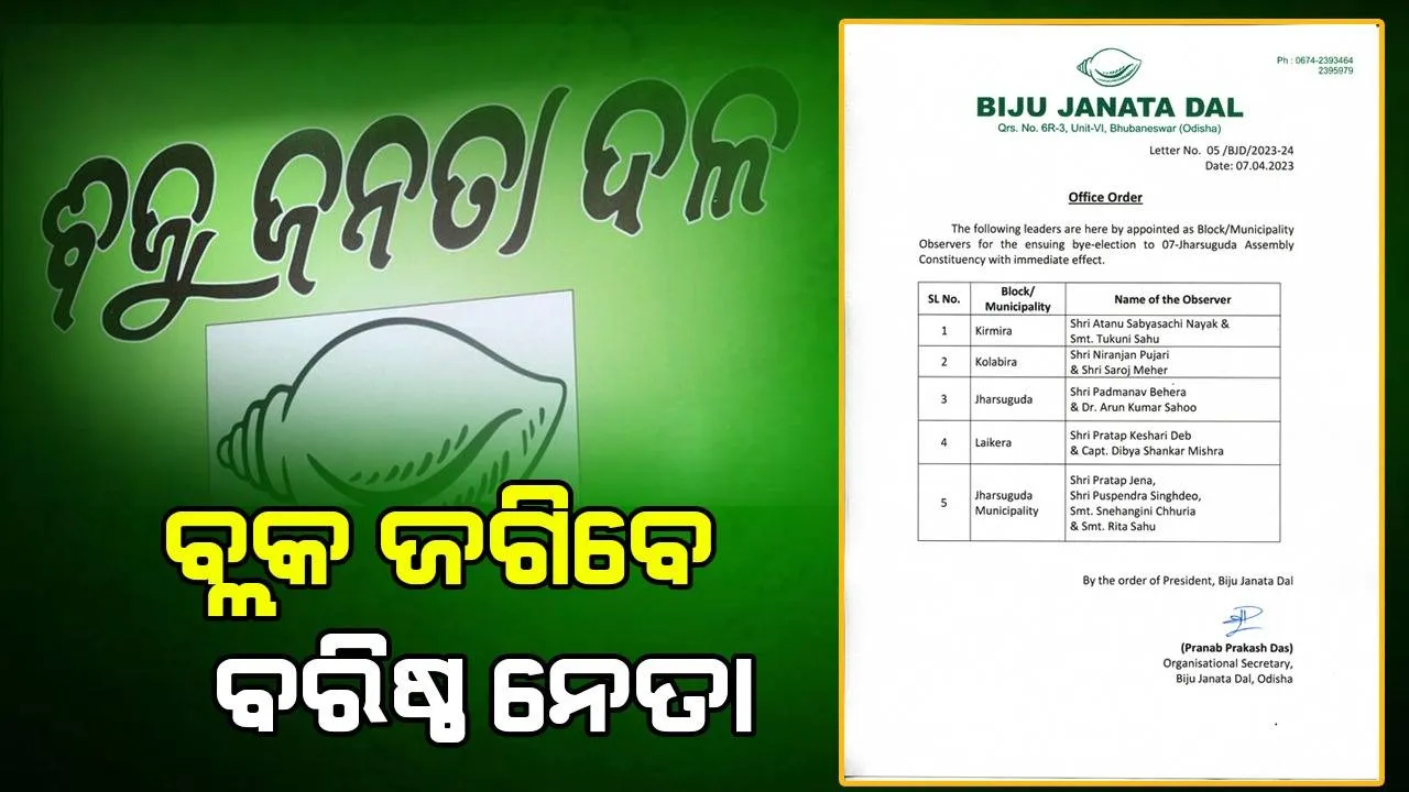  ଝାରସୁଗୁଡ଼ା ଉପନିର୍ବାଚନ: ୧୨ ବରିଷ୍ଠ ନେତାଙ୍କୁ ପର୍ଯ୍ୟବେକ୍ଷକ ଦାୟିତ୍ୱ ଦେଲା ବିଜେଡି
