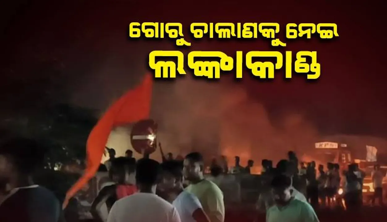  ବେଆଇନ୍‌ ଗୋରୁ ଚାଲାଣ: ଗାଡ଼ି-ଦେକାନ ଜାଳିଦେଲେ ଉତ୍ତେଜନାକାରୀ, ଜାତୀୟ ରାଜପଥ ଅବରୋଧ