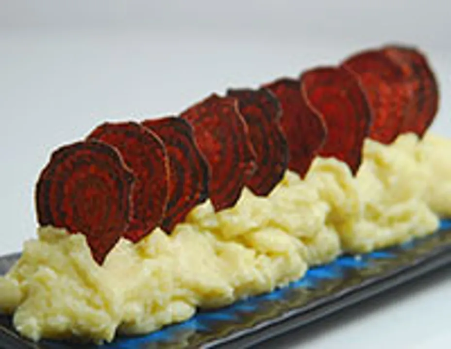 Mashed potatoes with beetroot wafers