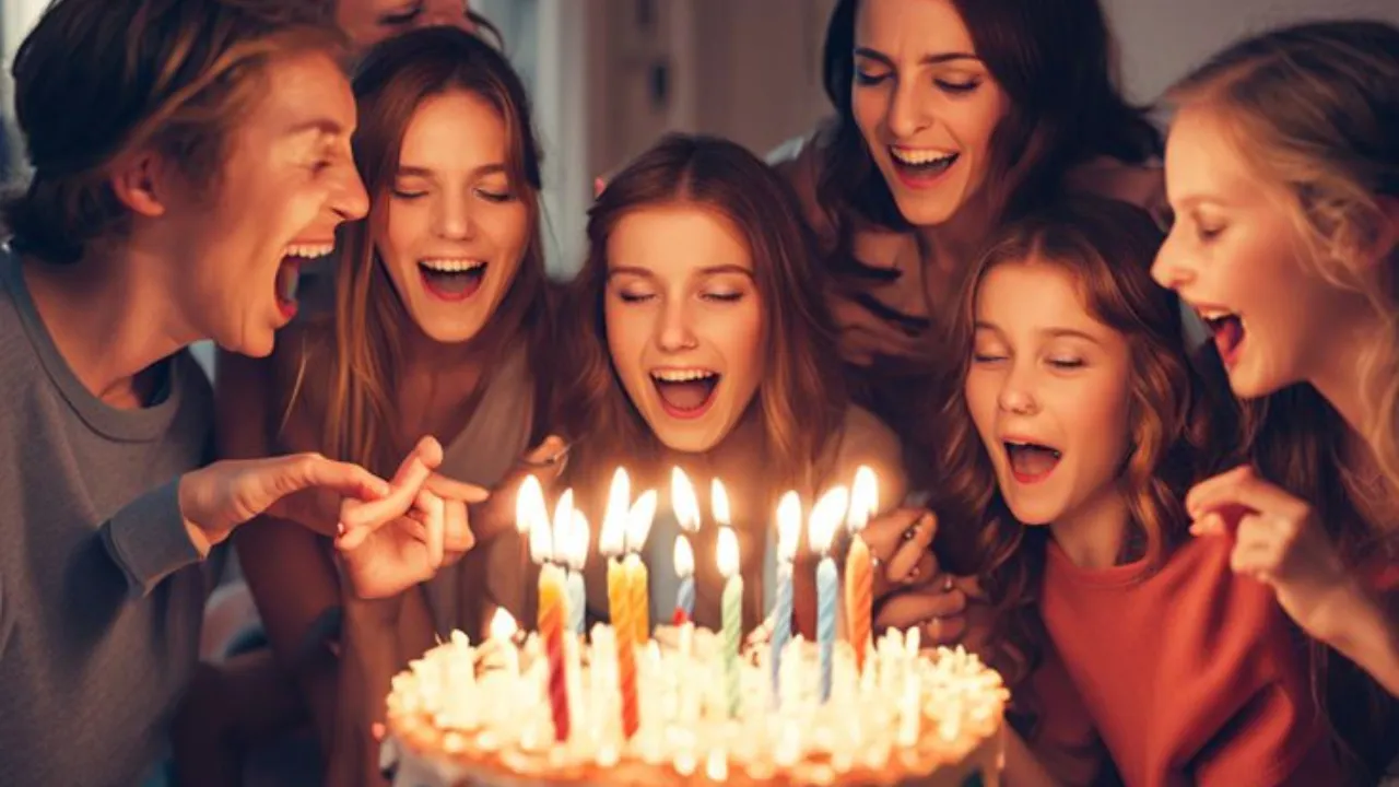 Blowing out candles on a birthday cake