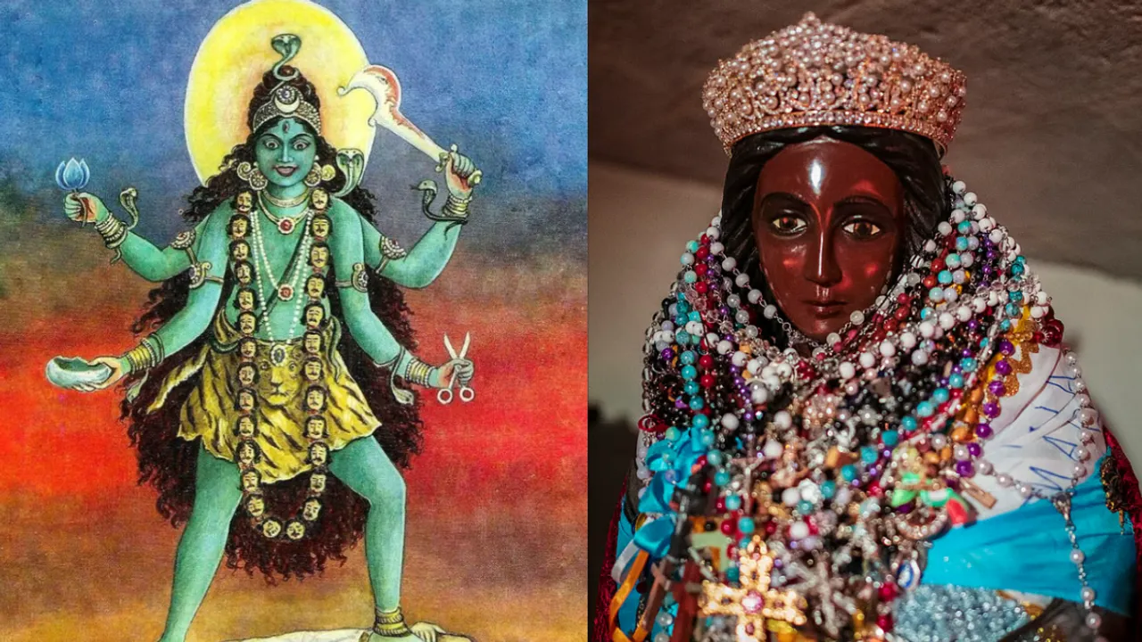 Maa Kali, the fierce Hindu goddess, and Saint Sara-la-Kali, the revered Romani saint, highlighting the spiritual bridge between two cultures.