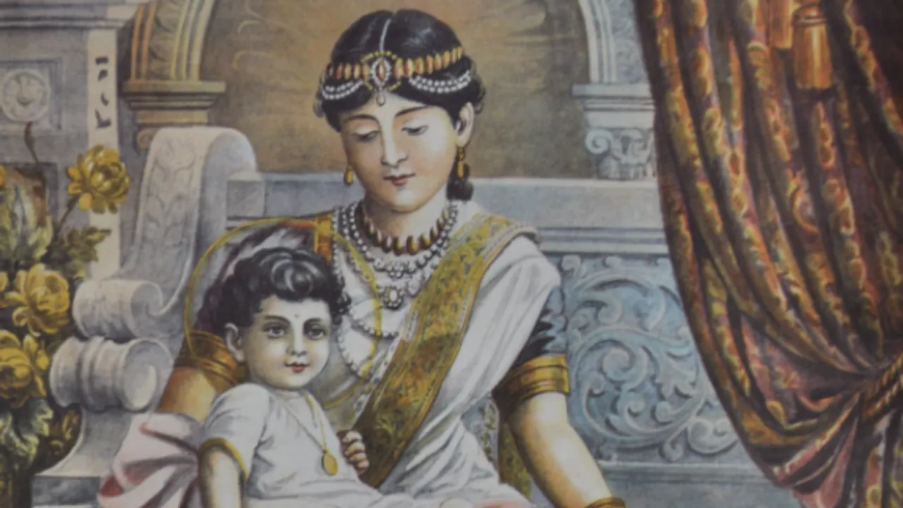 Prince Siddhartha with his foster mother Mahaprajapati. A 1910 painting by Maligawage Sarlis. Photo by MediaJet, 2009 via Wikimedia Commons