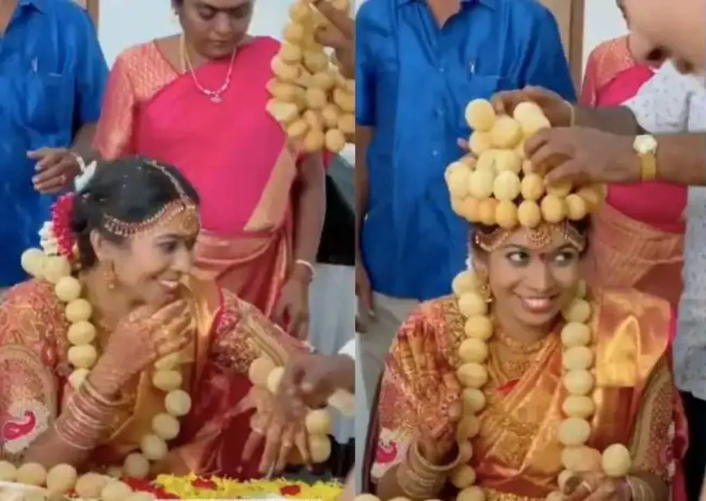 Bride wears golgappa crown