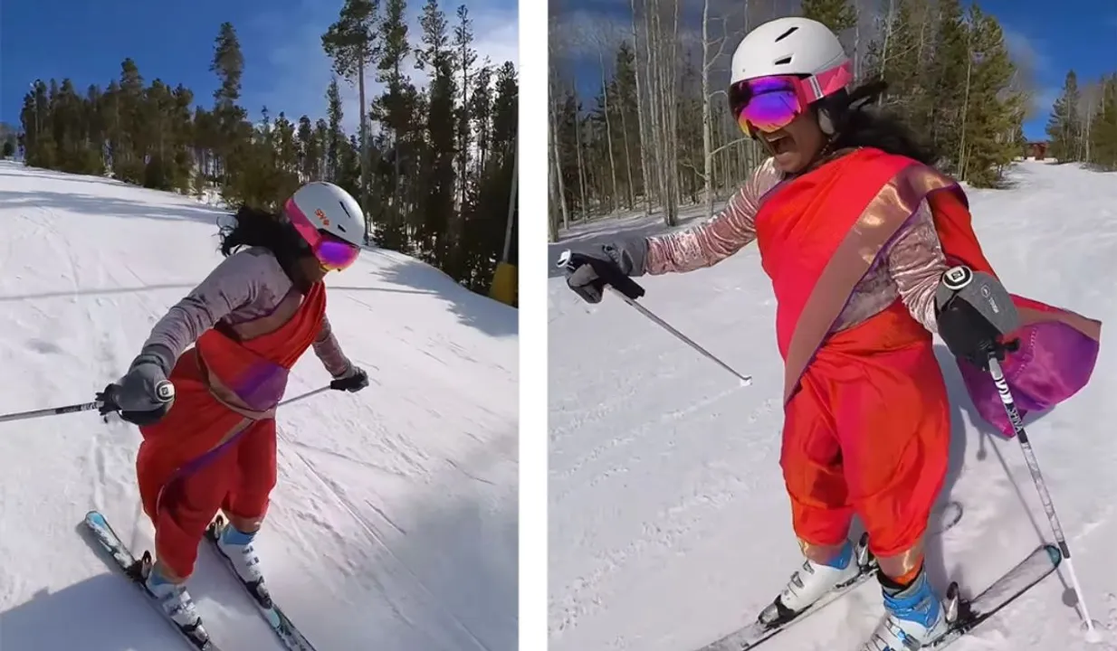 Woman Skiing In Saree