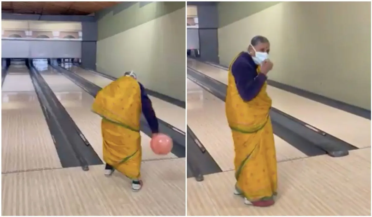 grandma bowling in saree