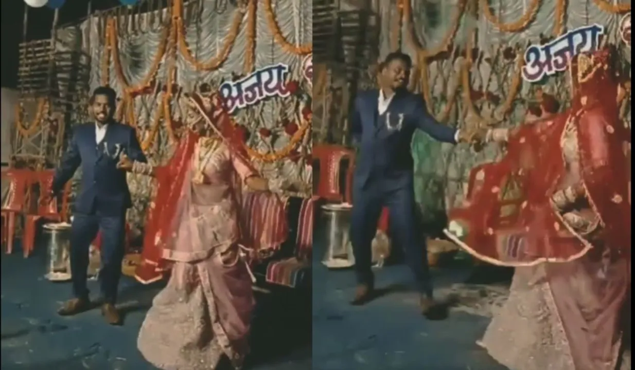 Cute bride and groom dancing video