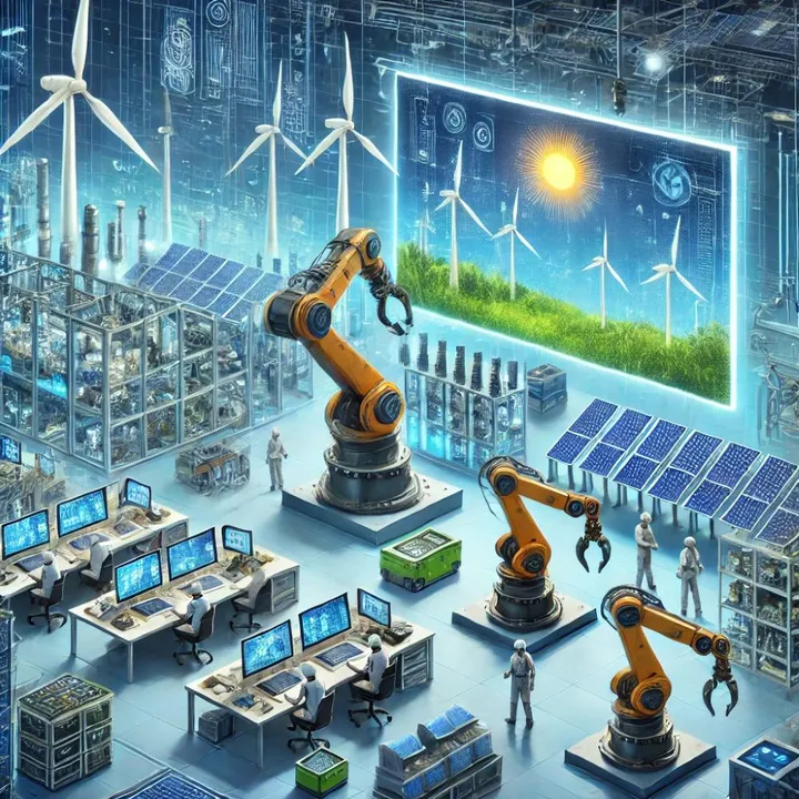  The National Manufacturing Mission strengthened India's clean energy sector by supporting domestic production of EV batteries, solar PV cells, and wind turbines. (Image Source: AI Generated) 