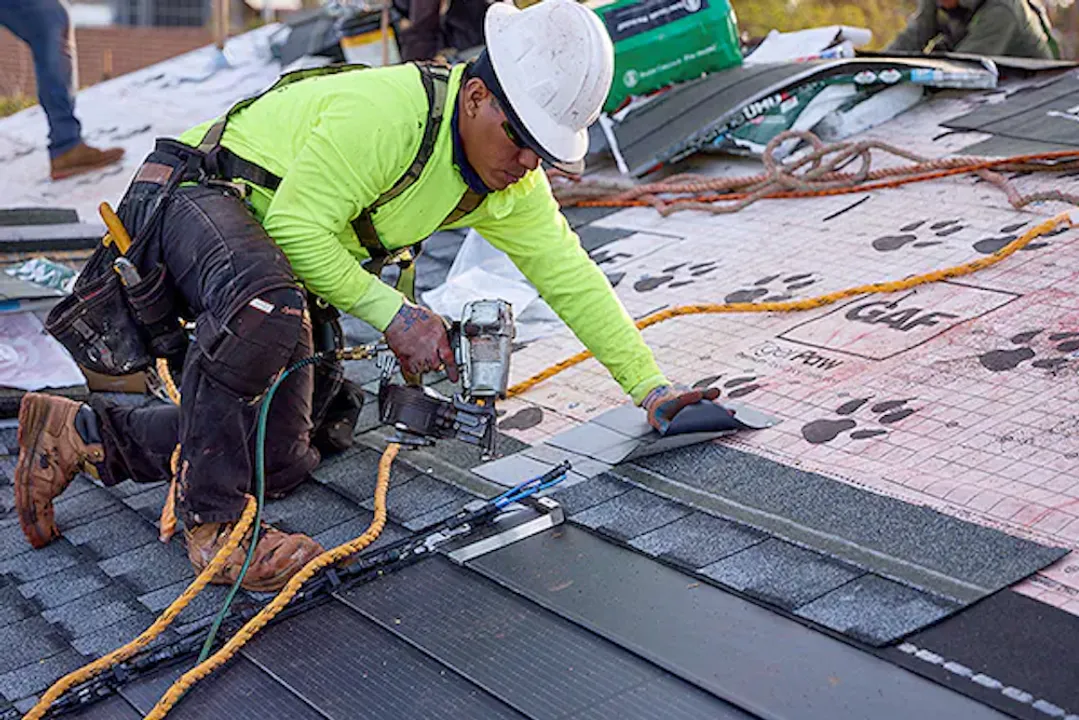  GAF's new solar shingle is compatible with Timberline asphalt shingles, offering an innovative approach to solar-integrated roofing.  Image Source: GAF 