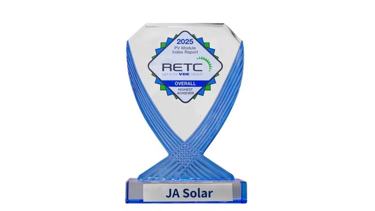  JA Solar has received the "Overall Highest Achiever" title in the 2025 RETC PV Module Index Report. Image Source: PRNewswire 