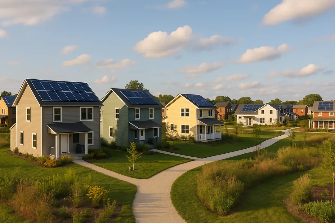  Veridian at the County Farm has incorporated geothermal systems, rooftop solar, and battery storage into every home across the 14-acre site. Image Credit/Source: AI Generated 