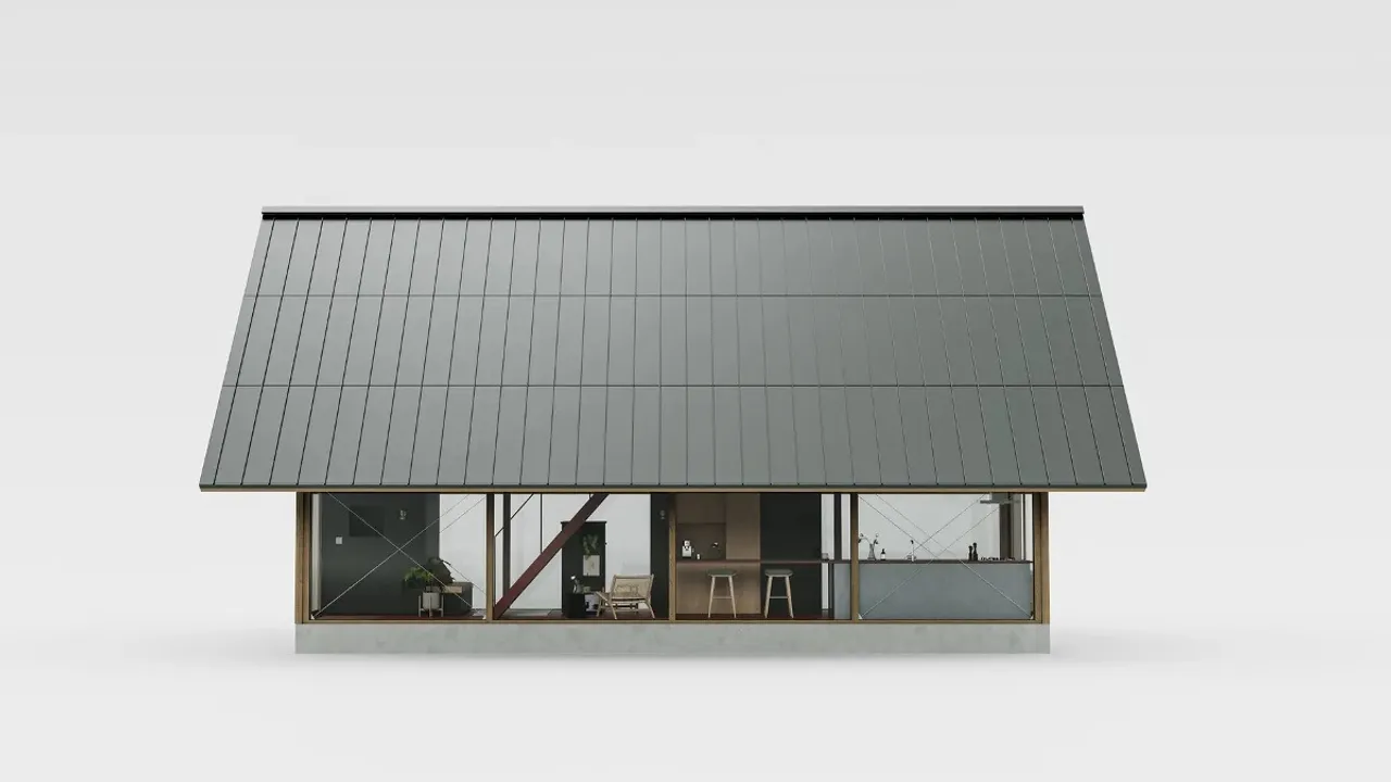  The silver Roof–1 panels have an aluminum-like texture that shifts with light angles, creating depth and visual harmony. Image Source: Monochrome 