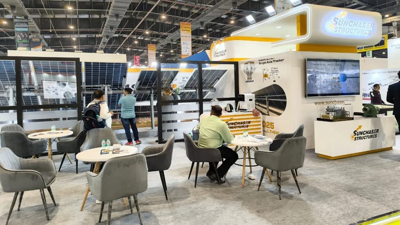  At REI 2025, Sunchaser Structures displayed its single-axis and tilted TSAT trackers, targeting higher energy generation and operational uptime. Image Credit/Source: SOLARbytes 
