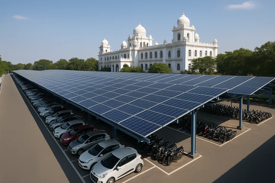  Telangana’s Secretariat to feature a solar-powered parking canopy generating clean energy. Image Source: AI Generated 