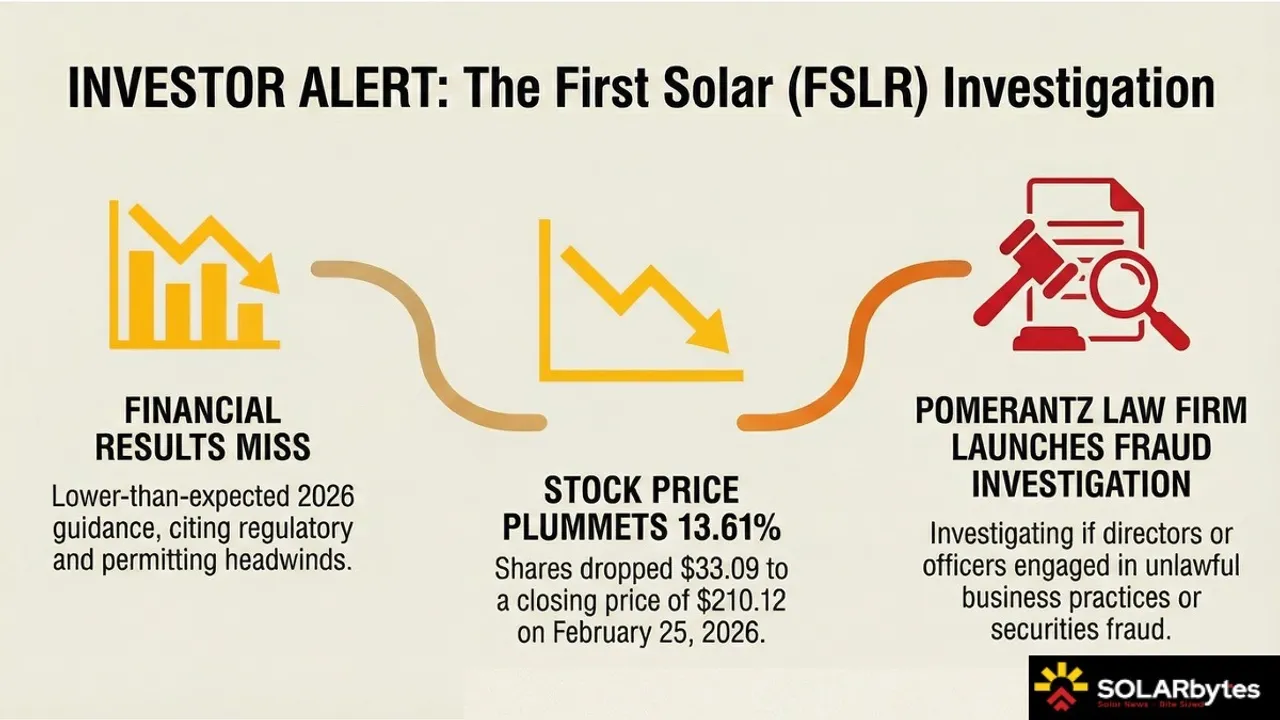 First Solar issued lower-than-expected FY 2026 revenue guidance, preceding the $33.09 share decline. Image Source: SOLARbytes 