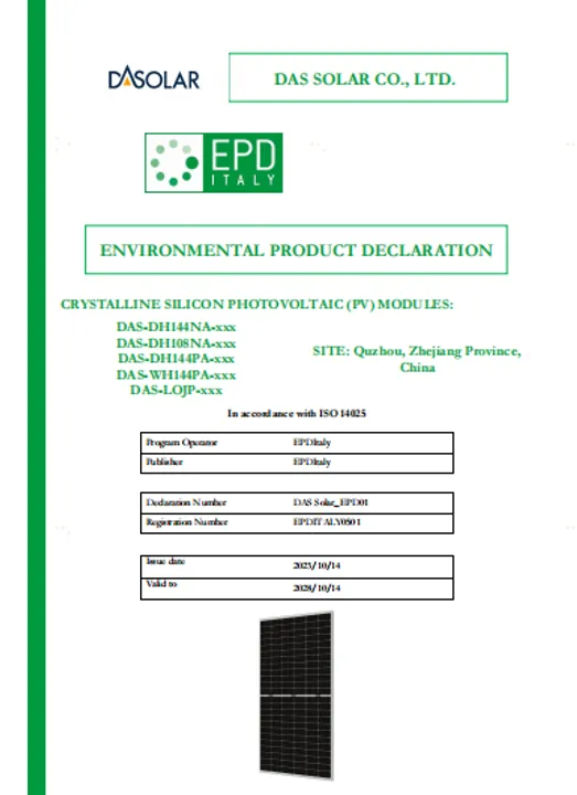  EPD is based on ISO 14025 and EN 1584, providing a rigorous lifecycle assessment of environmental impacts. Illustration from DAS Solar. 