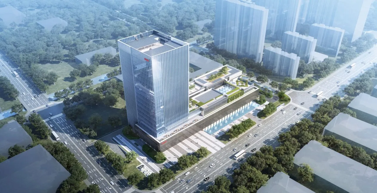  Goodwe's rising HQ intensifies research, its green design showcasing decades of solar expertise. Image Credit GoodWe. 