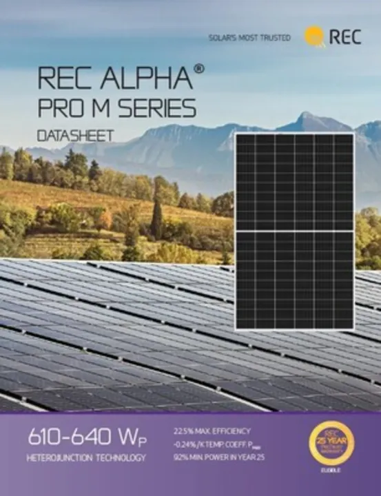  The new Alpha Pro M panel from REC offers power output from 610 to 640 Wp and 22.5% efficiency. (Photo Credit: REC Solar)  