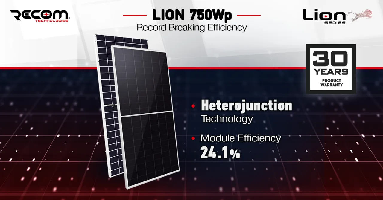  The Lion HJT 750 Wp module uses Heterojunction Technology to deliver superior energy yield and long-term durability. (Image Credit: RECOM Technologies)  