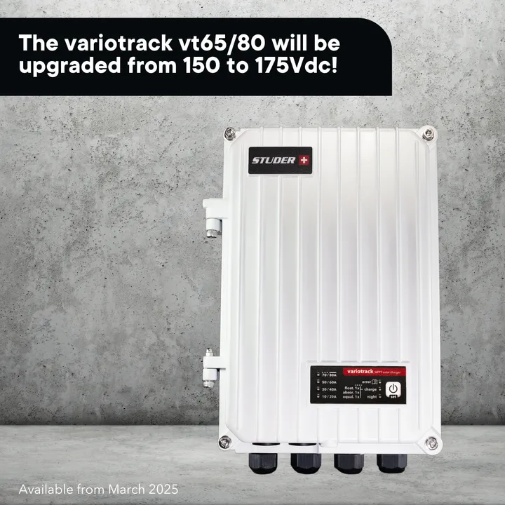  Studer’s upgraded Variotrack VT65/80 models now support 175 Vdc input, ensuring seamless compatibility with larger modern solar panels. (Image Source: Studer) 

  