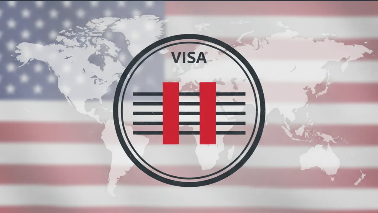Editorial graphic showing a US visa stamp with a pause symbol, representing the US decision to pause green card processing for applicants from 75 countries.