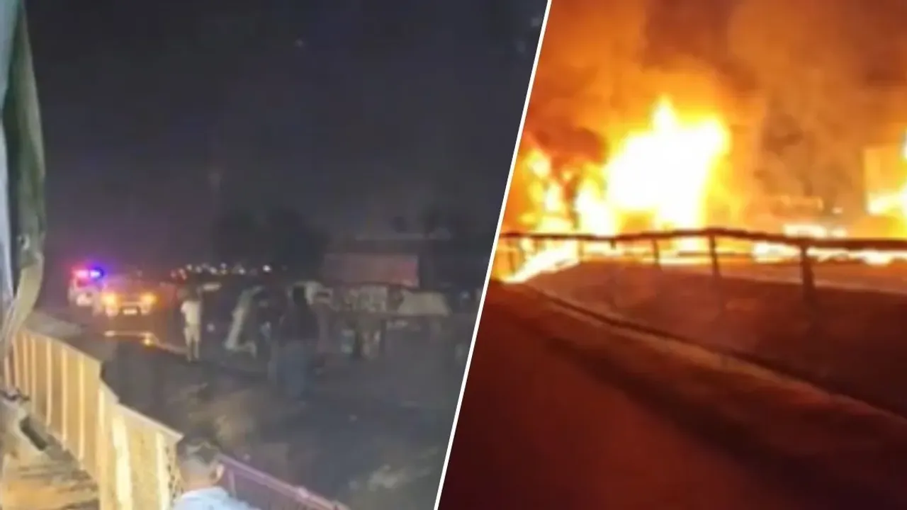  कर्नाटक के चित्रदुर्ग में नेशनल हाईवे-48 पर तेज रफ्तार लॉरी डिवाइडर तोड़कर बस से टकराई, जिससे भीषण आग लग गई  Photograph: (google) 