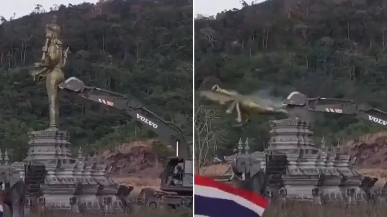  सोशल मीडिया पर शेयर किए गए वीडियो में थाईलैंड की सेना एक एक्सकेवेटर का इस्तेमाल करके नौ-मीटर ऊंची हिंदू देवता की मूर्ति को तोड़ती हुई दिख रही है  Photograph: (google) 