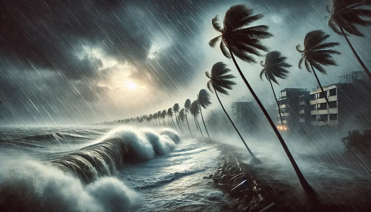  "Cyclone Phanghal hits the shoreline with towering waves and fierce winds, creating a dramatic and intense scene." 