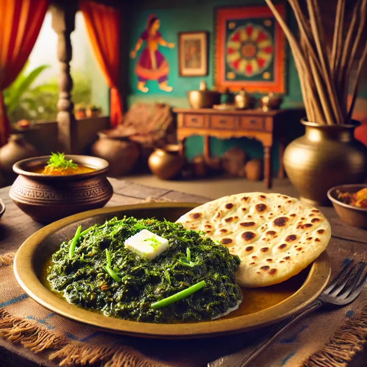  Here is the image of Sarson ka Saag, Makki ki Roti, radish salad, and jaggery on a traditional Punjabi plate. The food is presented with a rustic, homely background, evoking a warm and authentic Punjabi kitchen atmosphere. 