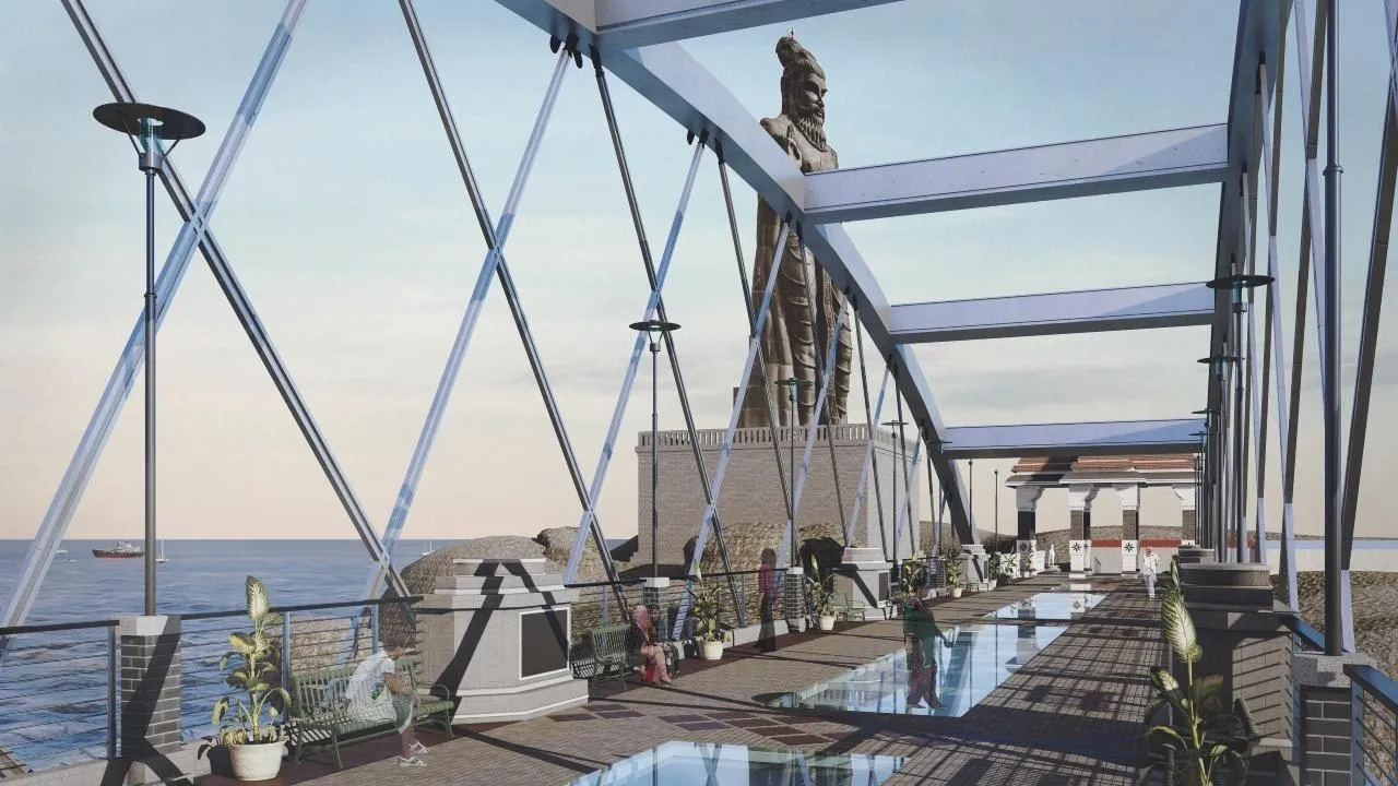  **Alt Text:**  
"कन्याकुमारी में देश का पहला ग्लास ब्रिज, जो विवेकानंद रॉक मेमोरियल को तिरुवल्लुवर प्रतिमा से जोड़ता है, 77 मीटर लंबा और समुद्र पर बना अद्भुत पुल।" 