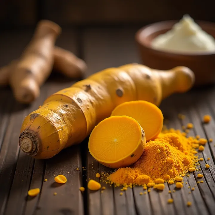  Raw turmeric in various forms: pickle, vegetable curry, and laddus offering multiple health benefits in winter." 