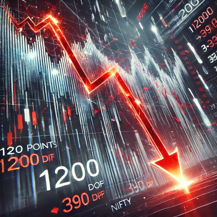  "शेयर बाजार में भारी गिरावट: सेंसेक्स 1200 अंक नीचे, निफ्टी में 390 अंक की गिरावट" 