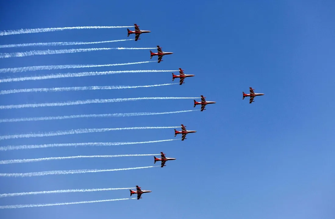  BENGALURU, FEB 10 (UNI):-Surya Kiran aerobatic team of Indian Air Force perform at the inaugural ceremony of Aero-India 2025 at Yelahanka Air Base, in Bengaluru on Monday.UNI PHOTO-PSB13U 