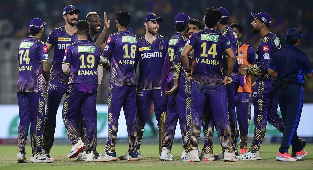  Kolkata: Kolkata Knight Riders Harshit Rana celebrate with teammates after the dismissal of Riyan Parag during the IPL match between Kolkata Knight Riders and Rajasthan Royals at Eden Gardens, in Kolkata,Tuesday, April 16, 2024.(IANS) 