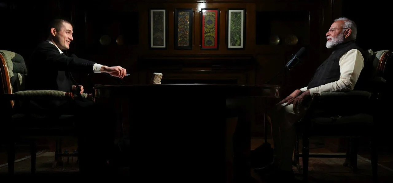  NEW DELHI, MAR 16 (UNI):- Prime Minister Narendra Modi podcast with Lex Fridman, in New Delhi on Sunday.UNI PHOTO-75U 