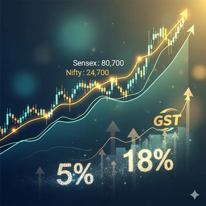  GST बदलाव के बाद शेयर बाजार में मजबूती, सेंसेक्स 80,700 के ऊपर और निफ्टी 24,700 के स्तर पर