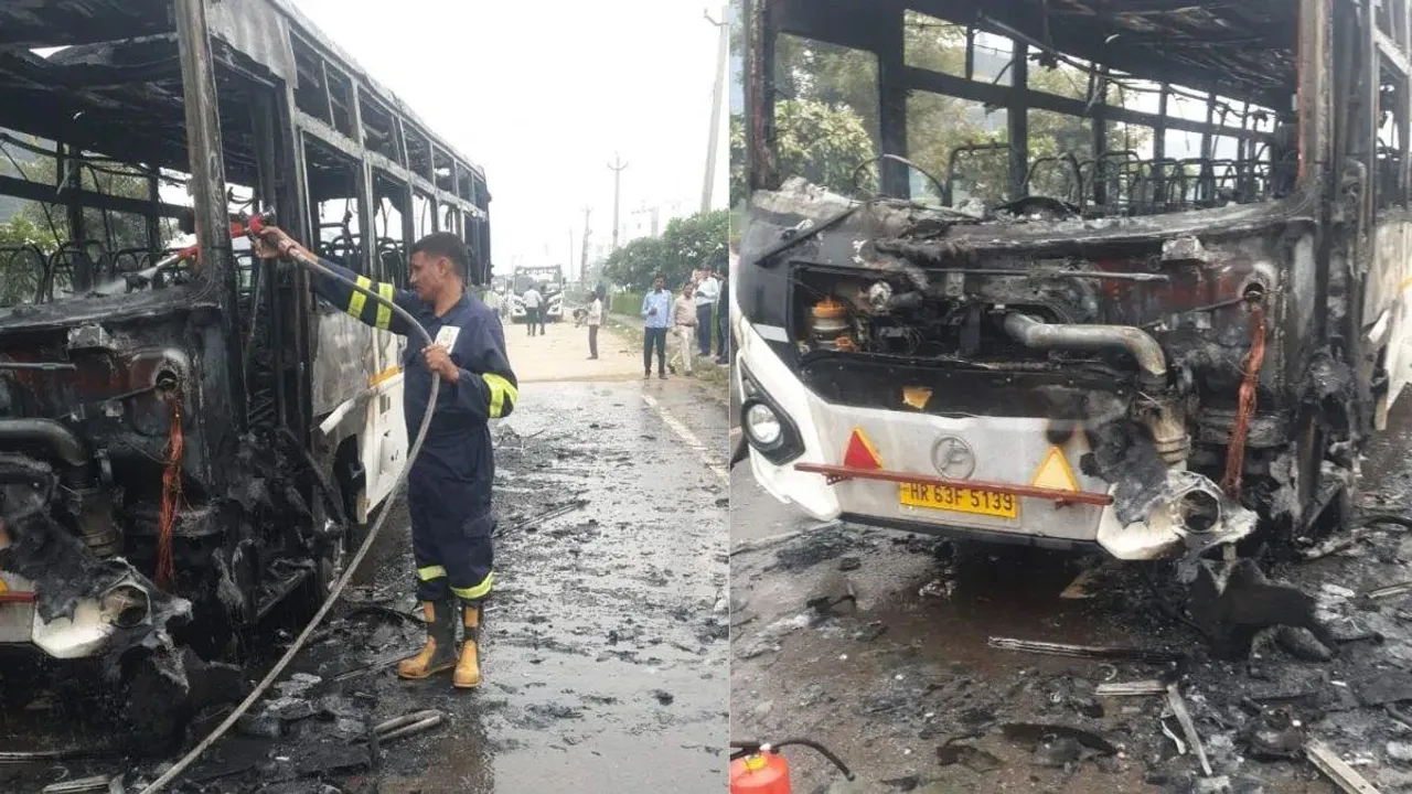  gurugram-running-bus-caught-fire-driver-conductor-escaped
 