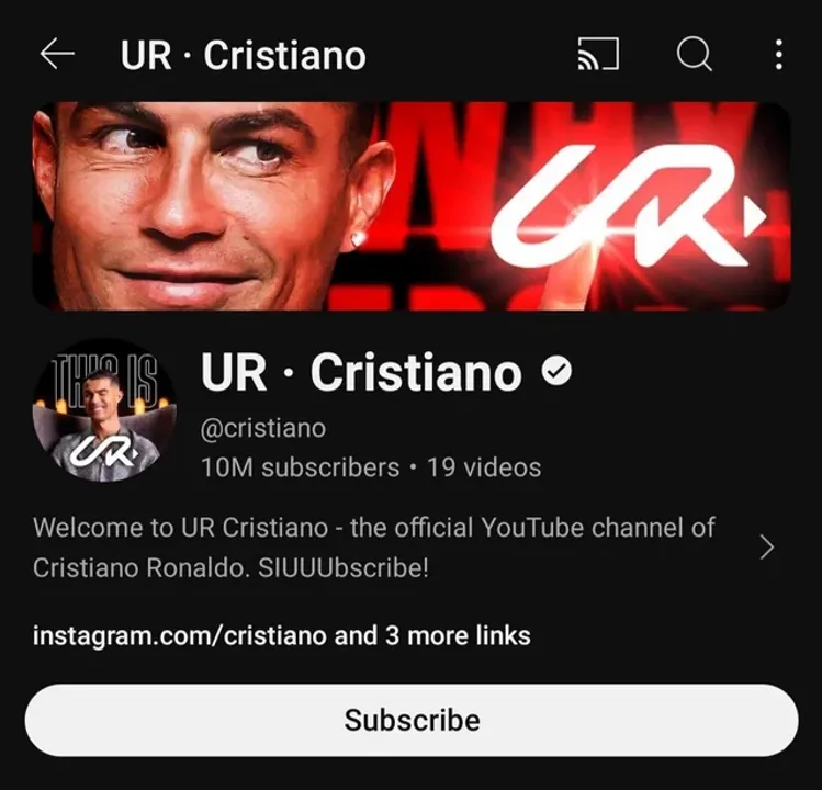  Cristiano Ronaldo's YouTube channel hits 10M subs in record time