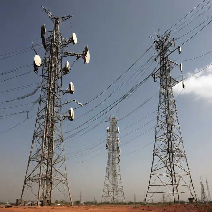Three tall towers with antennas on top, reaching towards the sky.