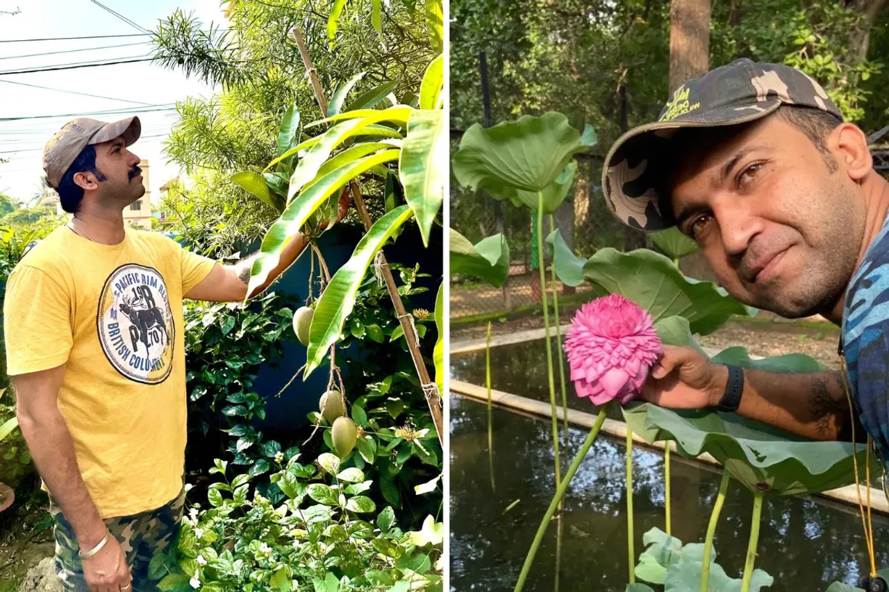 Subrat Kumar Nath next to the Miyazaki mango tree (left) and with Sahasradala Padmam lotus (right)