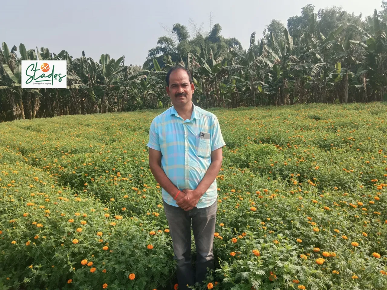 Dilip Pradhan at his marigold farm in Angul, Odisha
