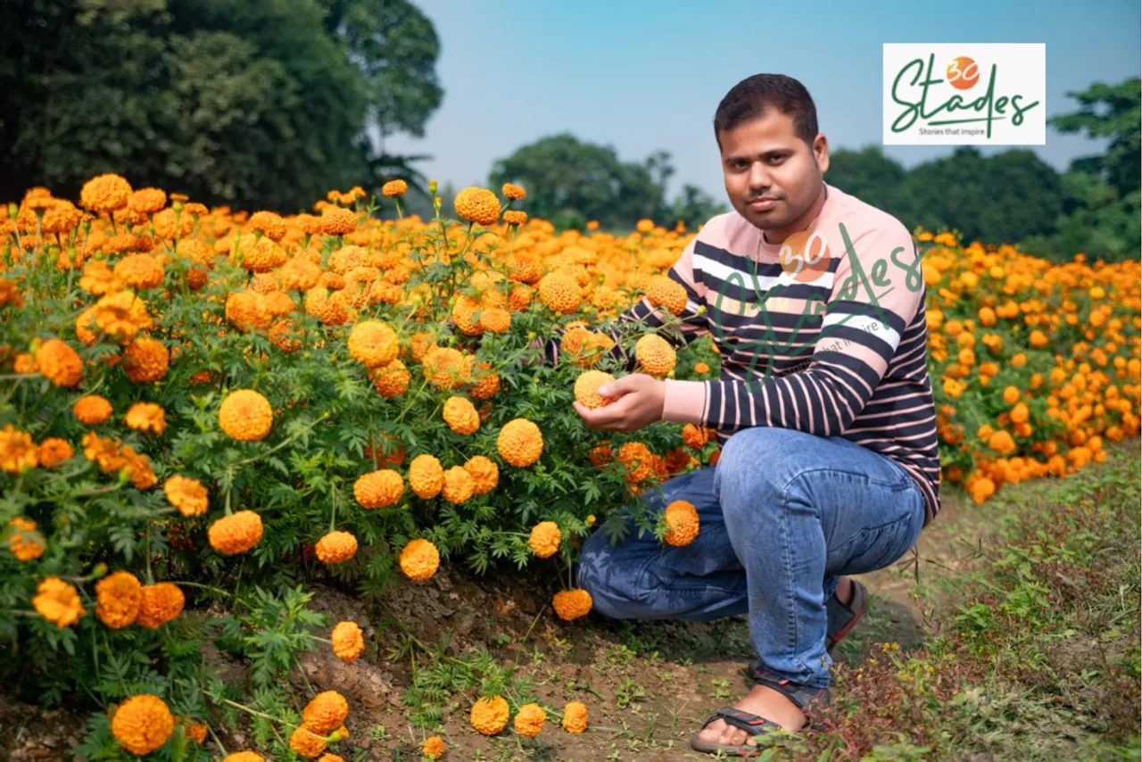 Arup Kumar Ghosh at his farm where he grows Thailand Tennis Ball marigold