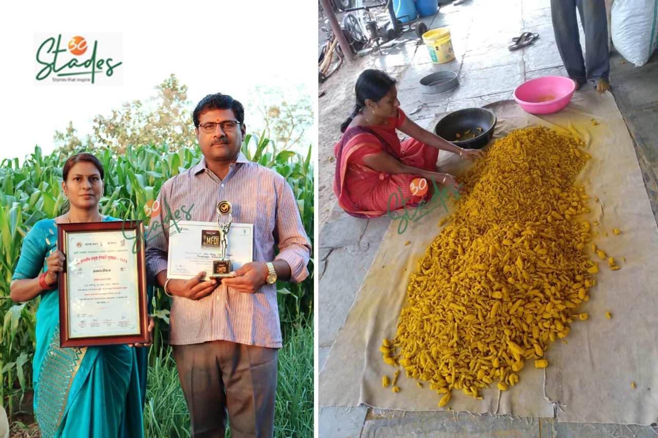 Anita and Sanjay Ghogare on their farm (left) and dried turmeric roots (right)