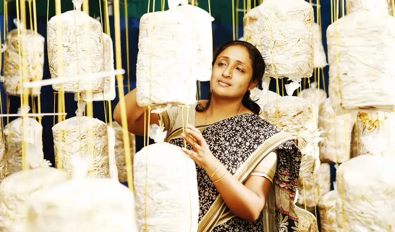 Shije Varghese at her oyster mushroom unit in Alleppy, Kerala