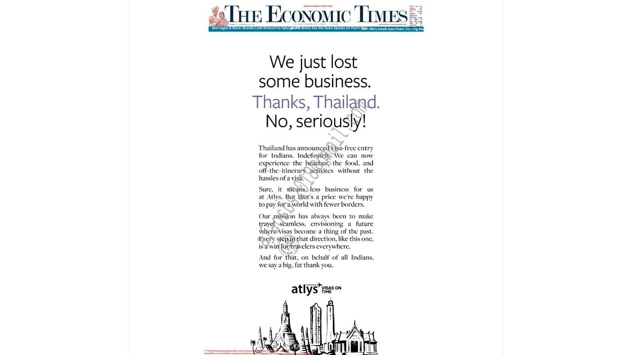 Atlys thanks Thailand for visa-free entry policy extension; acknowledges business impact in a print ad