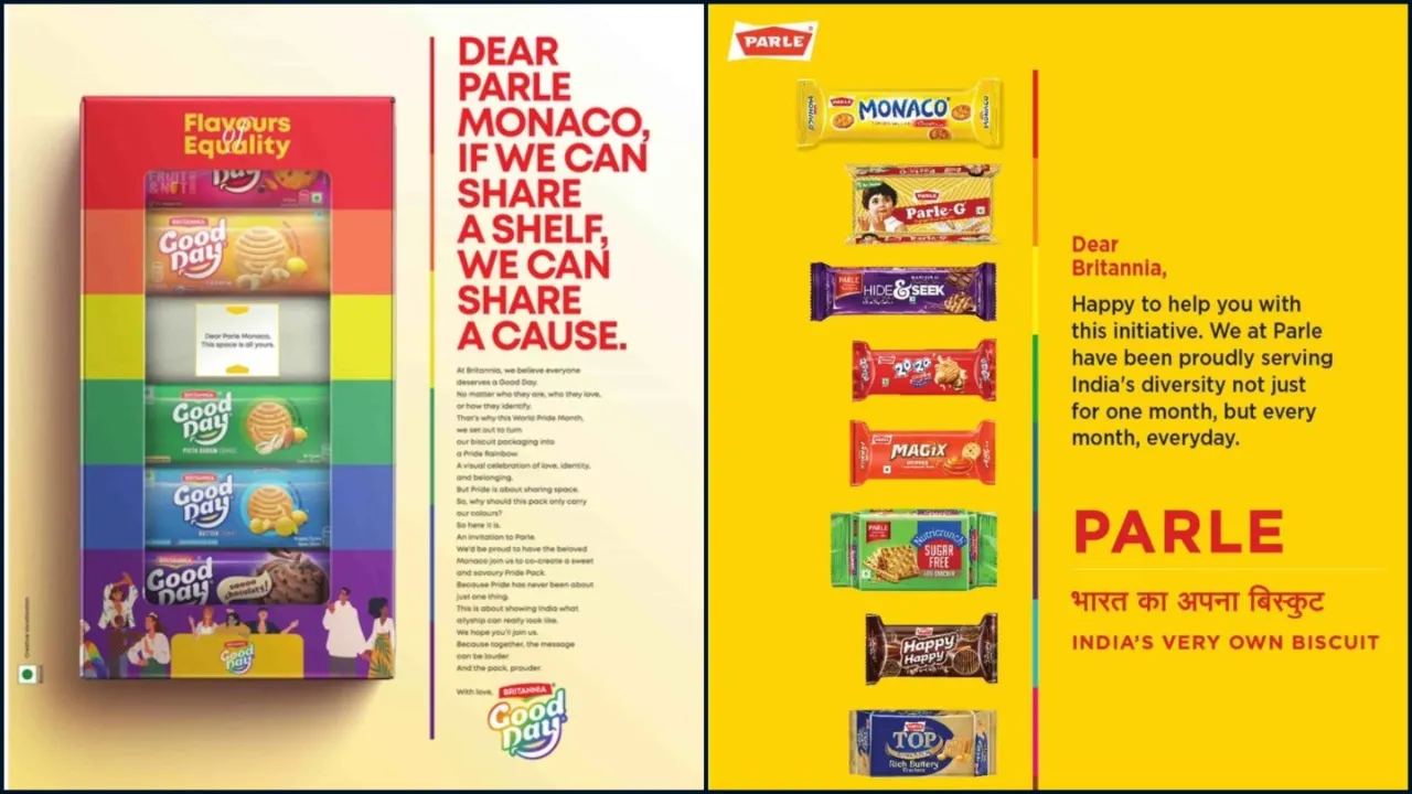 Britannia Good Day's 'Flavours of Equality' Pride Month ad alongside Parle's acceptance, showcasing India's leading biscuit brands uniting for LGBTQ+ inclusivity and brand allyship.