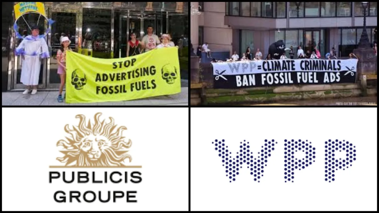 Climate activists protest simultaneously at WPP's London headquarters and Publicis Groupe's NYC office, demanding an end to their fossil fuel advertising contracts.
