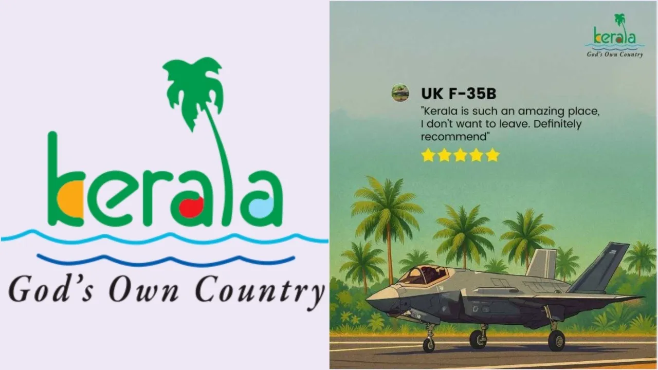 Viral Kerala Tourism advertising post showing a British F-35B jet "reviewing" God's Own Country